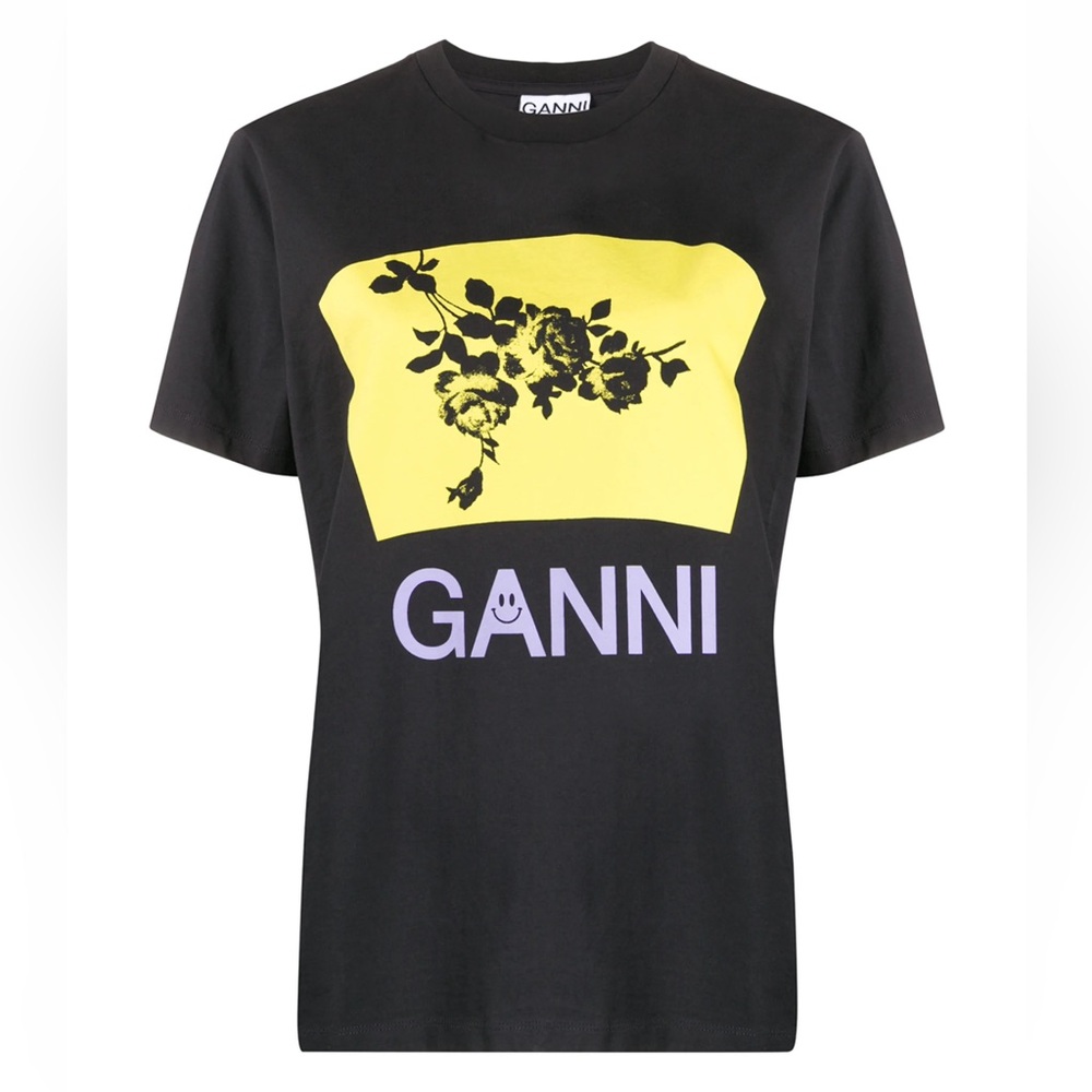 Ganni Black Tee with Yellow and Purple Graphic
